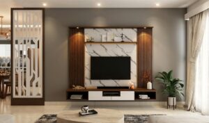Sleek and stylish modern living room setup with TV and decor elements for a cozy ambiance.